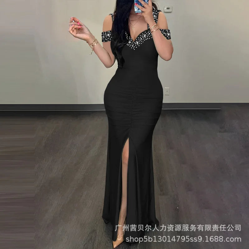 2026 Spring Summer New Women's Clothing Solid Color V-neck Waist Slit Pleated Dress