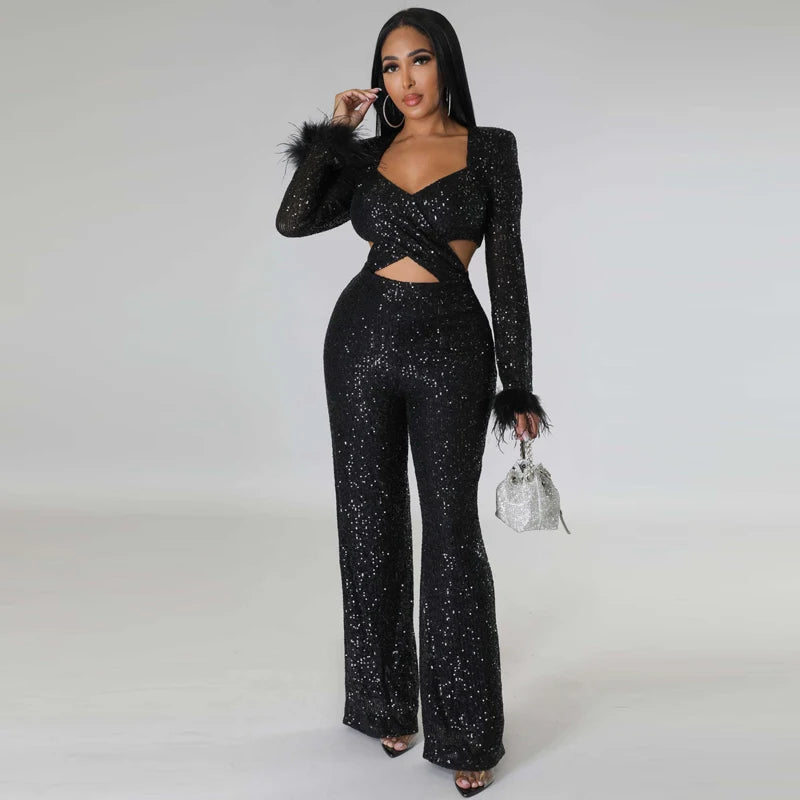 Ladies Sexy and Fashionable Long Sleeved Sequin Feather Wide Leg Pants With Hollow Out Slim Fit Socialite Party Club Jumpsuit