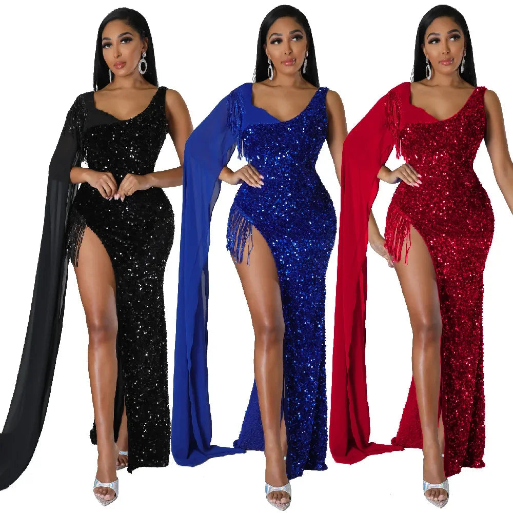 Fashionable Long Skirt Evening Dress Sexy Hip-hugging Glittering Fringed Sleeveless Birthday Party Dress For Women
