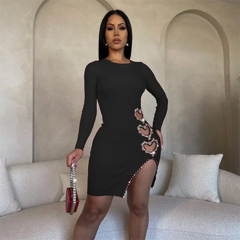 Diamonds Heart-shaped Love Birthday Dress for Women Night Party Long Sleeve Hollow Out Side Slit Bodycon Mini Dresses Clubwear - JN Fashion Fusion