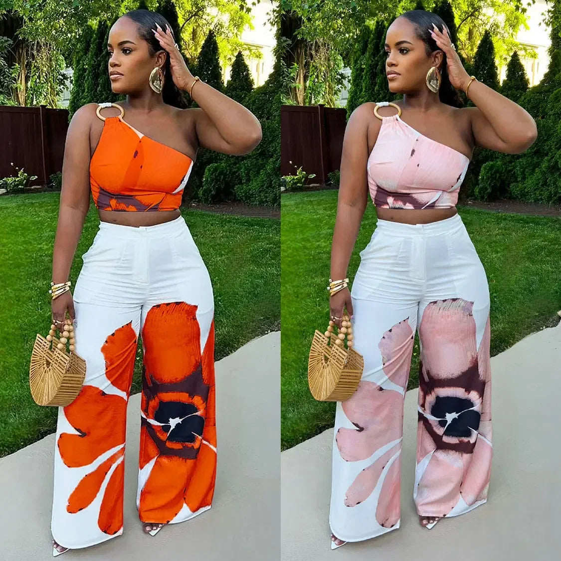 S10831 Euro-American Printing Single Shoulder Slims Smooths Your Silhouette Bell Bottoms 2-Piece Set Fashionable Dress Outfits - JN Fashion Fusion