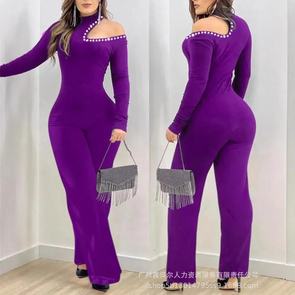 Women New Rhinestone Cold Shoulder High Neck Jumpsuit Long Sleeve Slim Fit Flared Jumpsuit - JN Fashion Fusion