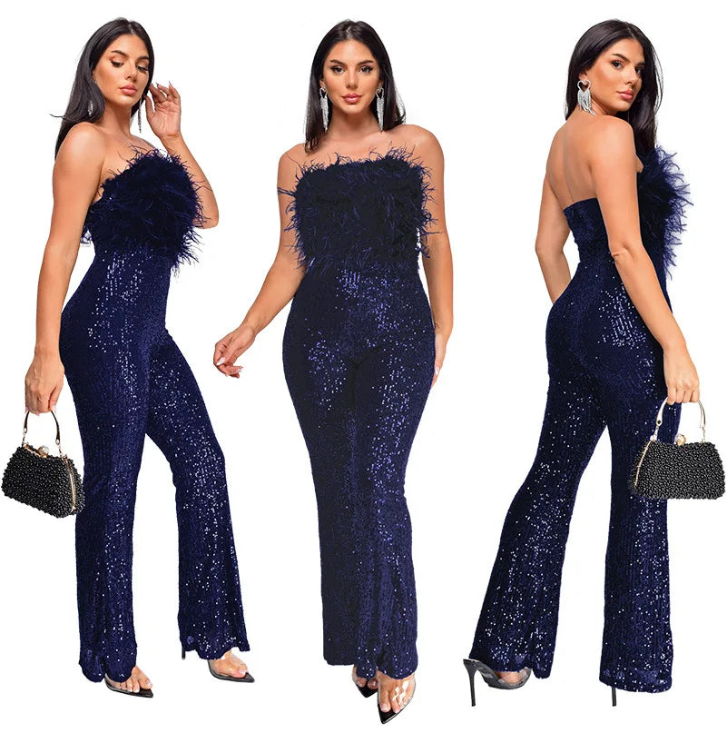 Sliver Bling Bling Sequined Club Jumpsuit Women Strapless Elegant Sparky Gold Sequins Party Romper Overalls