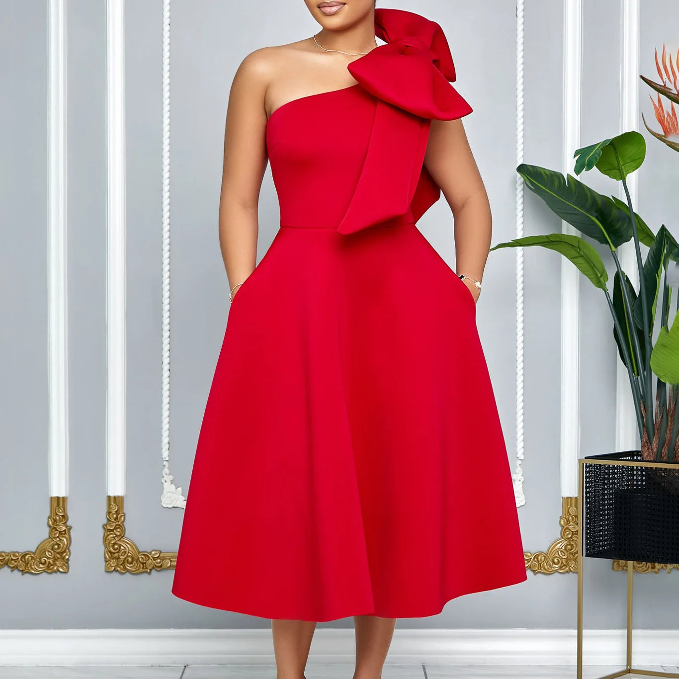 plus Size Women's Fashion Skew Shoulder Bow Banquet Swing Dress New Elegant Gown for Special Occasions