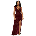 Black sequined split long maxi dress with spaghetti straps, shiny evening wear perfect for parties and club events by JN Fashion Fusion.