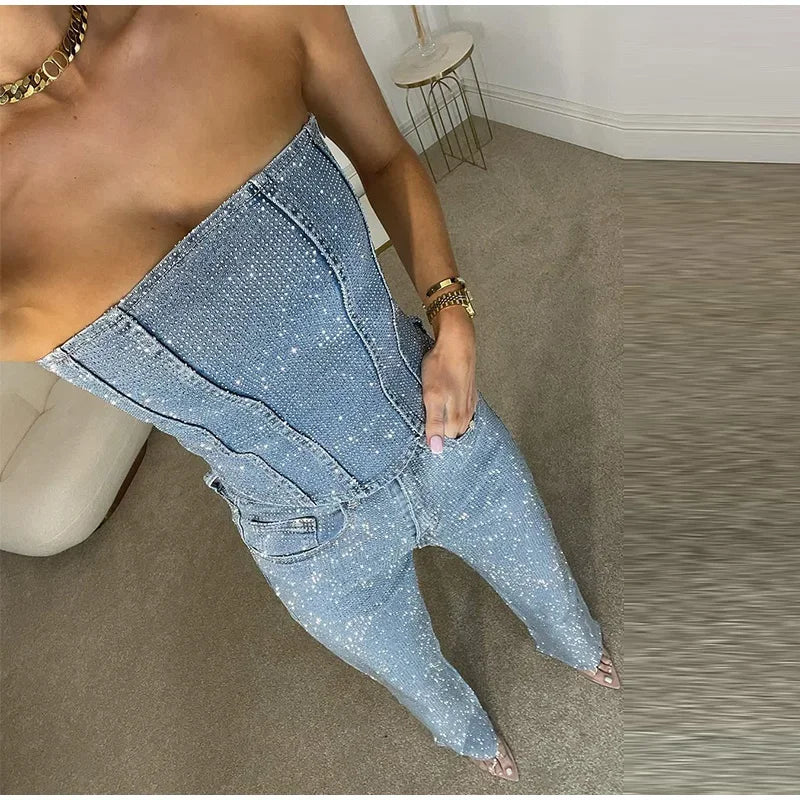 Sexy Women's Sparkling Rhinestone Denim Set Corset Shaping Crop Top Matching Slim Fit Jeans Party Clubwear Cowgirl Style 2pcs - JN Fashion Fusion
