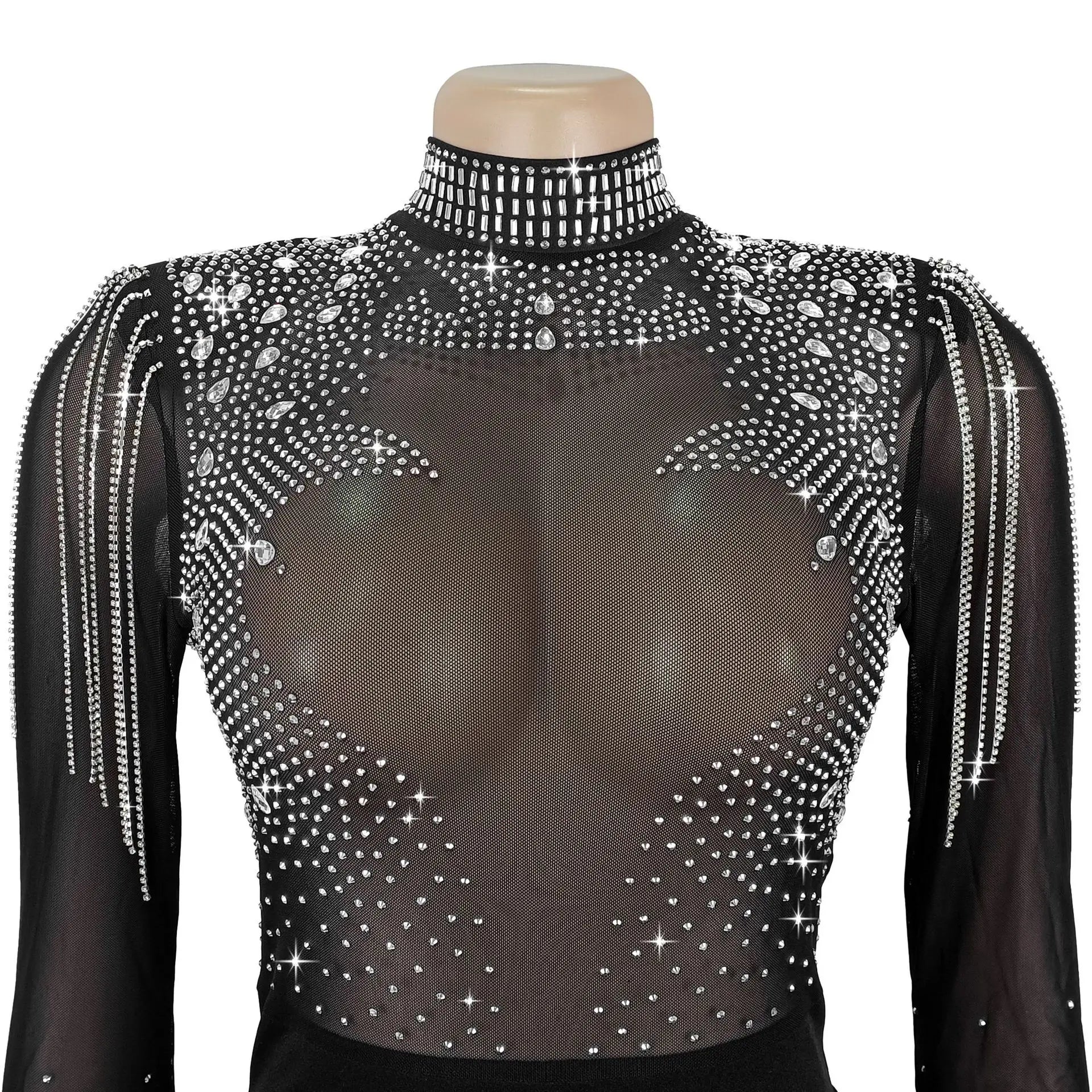 See Through Mesh Rhinestone Club Jumpsuit Sexy Women O-neck Elegant Shiny Tassel Diamonds Straight Romper Overalls - JN Fashion Fusion