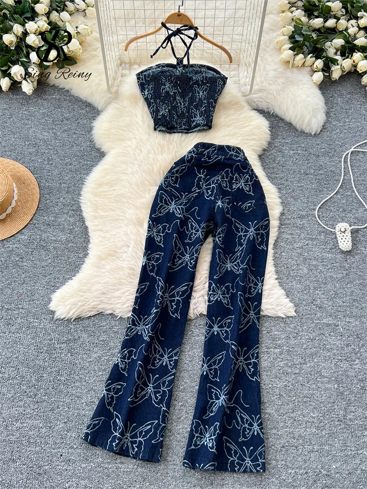 SINGREINY Butterfly Print Denim Two Pieces Sets 2025 Halter Strapless Sim Camis+Wide Legs Long Pant American Retro Fashion Suits - JN Fashion Fusion