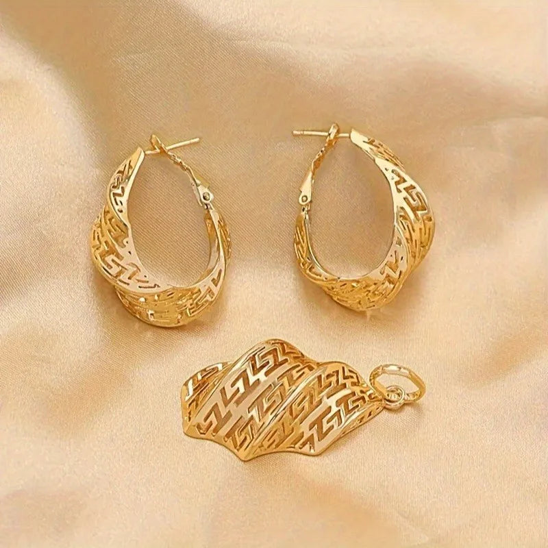 Golden Necklace Jewelry Set for Women Special Hollow Design Pendant Earrings Wedding Anniversary Gifts Jewellry Accessories - JN Fashion Fusion