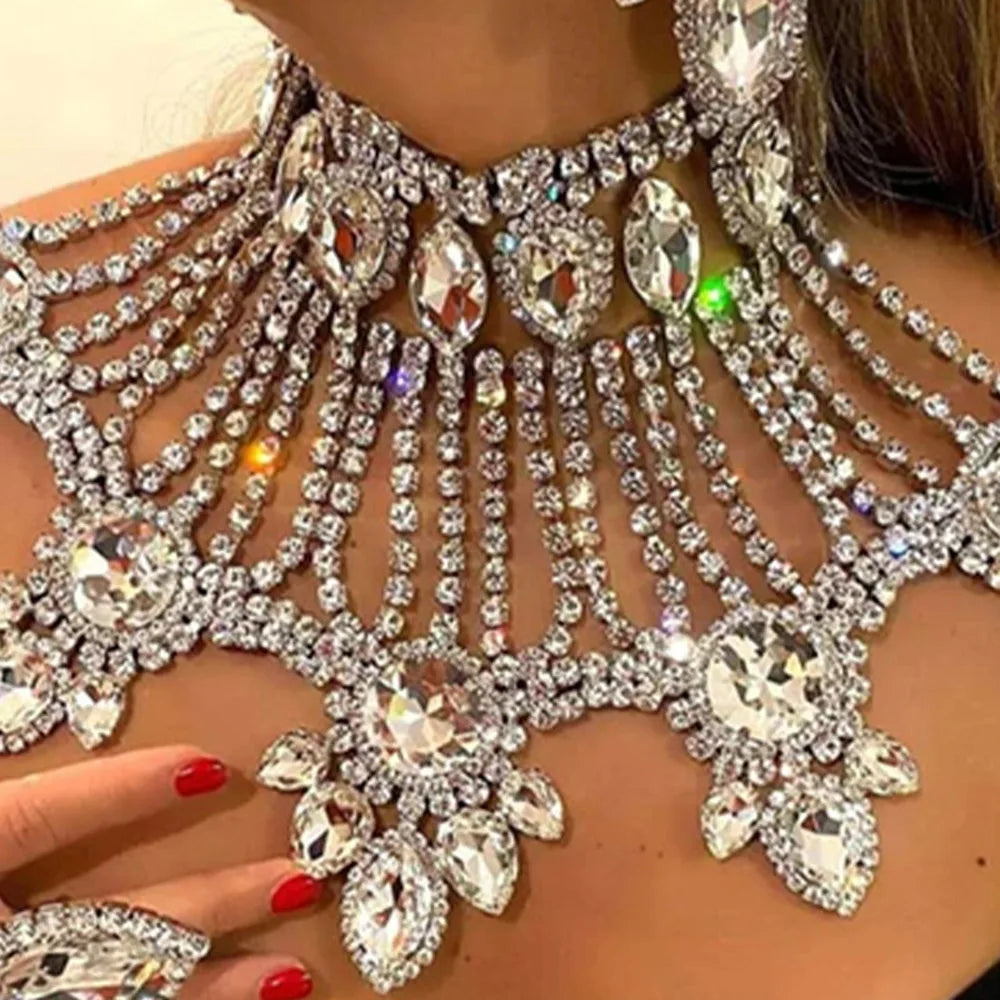 Exaggerated Rhinestone Crystal Necklace Set Water Drop for Women Dubai Multi Layer Tassel Bridal Jewelry Set Necklace Earrings - JN Fashion Fusion