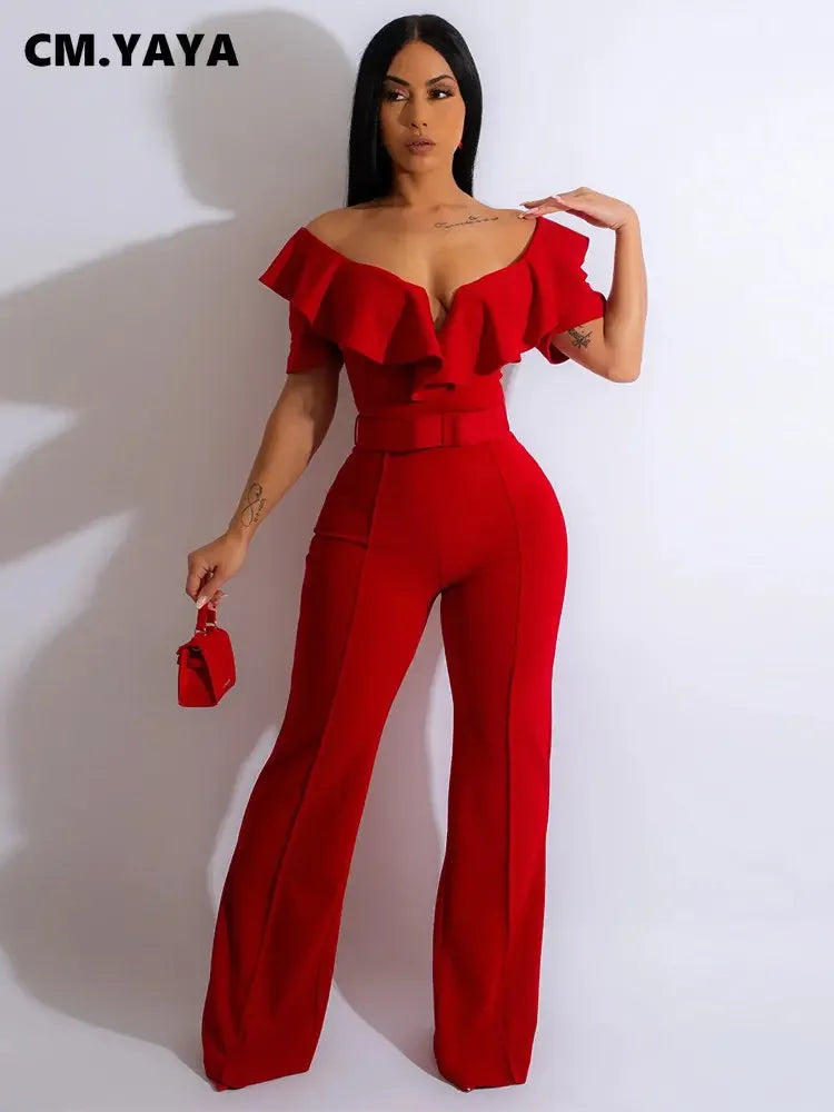 CM.YAYA Vintage Women Butterfly Sleeve Zipper Back Sashes High Waist Straight Wide Leg Jumpsuit 2023 Party Evening One Piece Set - JN Fashion Fusion