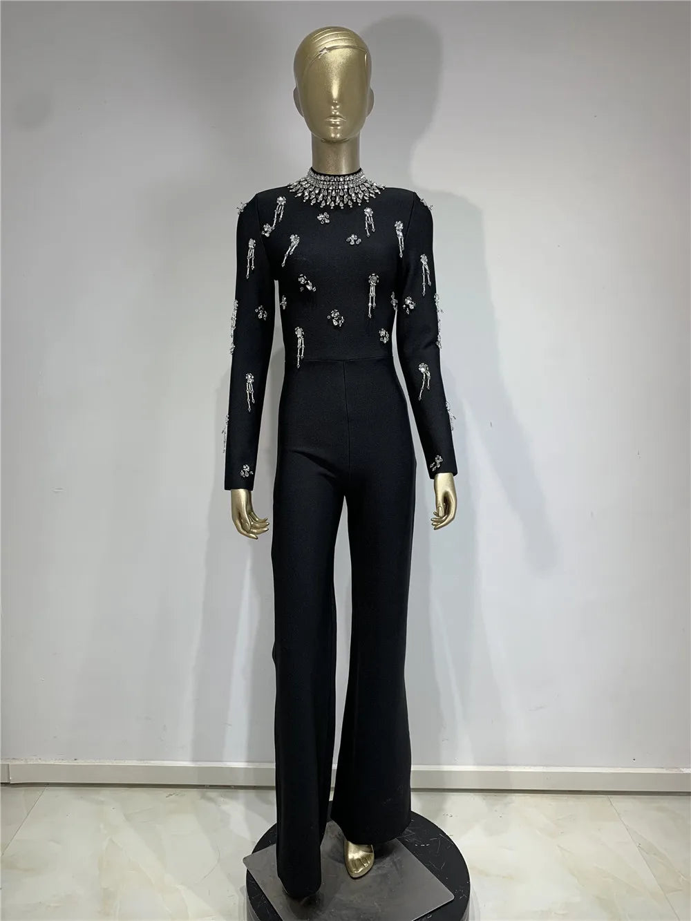 Women Winter Autumn Knitted Bandage Jumpsuits Dress High Street Long Sleeve Turtleneck Crystal Embroidery Evening Party Rompers