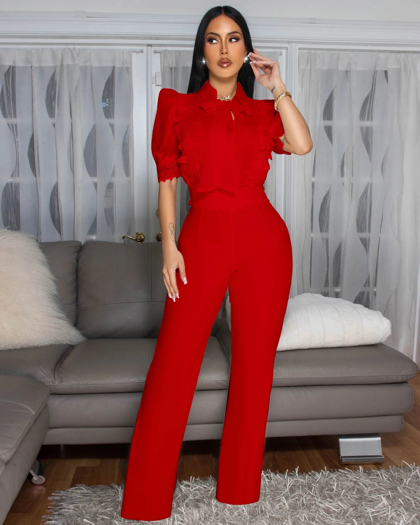 Patchwork Wide Leg Party Jumpsuit Sexy Women Turn Down Collar Elegant Lace Night Club Romper Overalls - JN Fashion Fusion