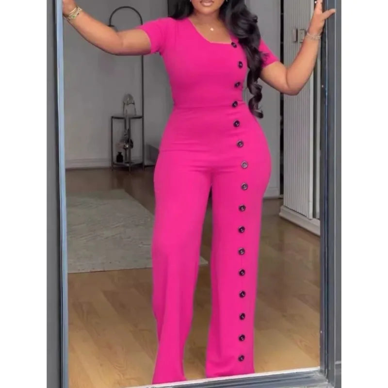 Women's Elegant Long Jumpsuits Summer Short Sleeve Buttons Solid Color Wide Leg Pants Rompers Female One Pieces Party Overalls