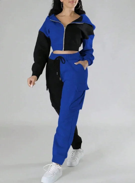 Women Loose Autumn Winter Two Pieces Suit Matching Sets Hoodie Tracksuit Blocked Zipper Short Outerwear Drawstring Cargo Pants - JN Fashion Fusion