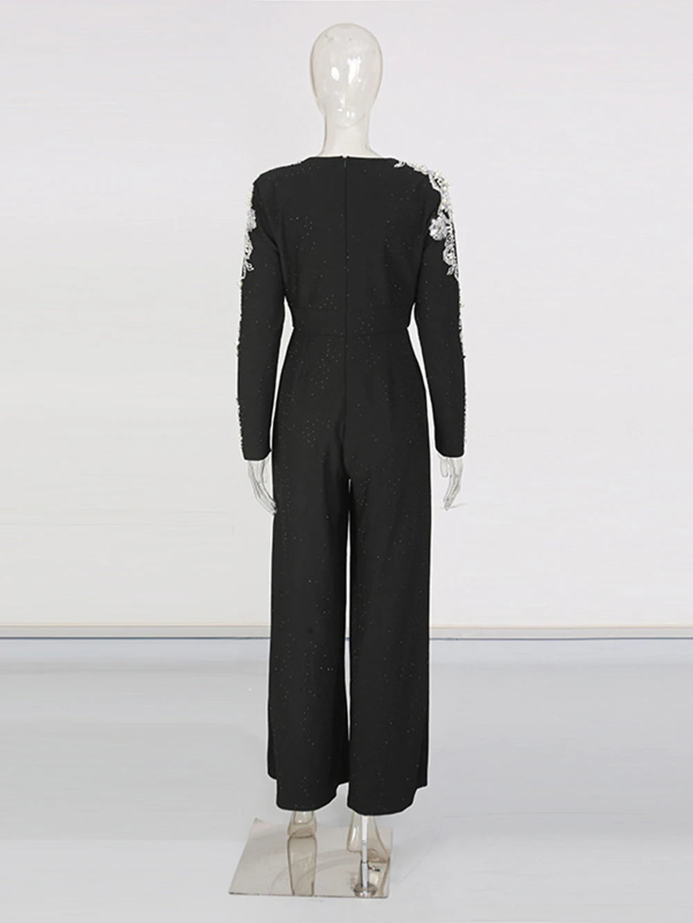 Modphy Elegant Slim Fit Long Sleeved Jumpsuit 2026 New Heavy Industry Bead Diamond High Waist Solid Color Long Jumpsuit