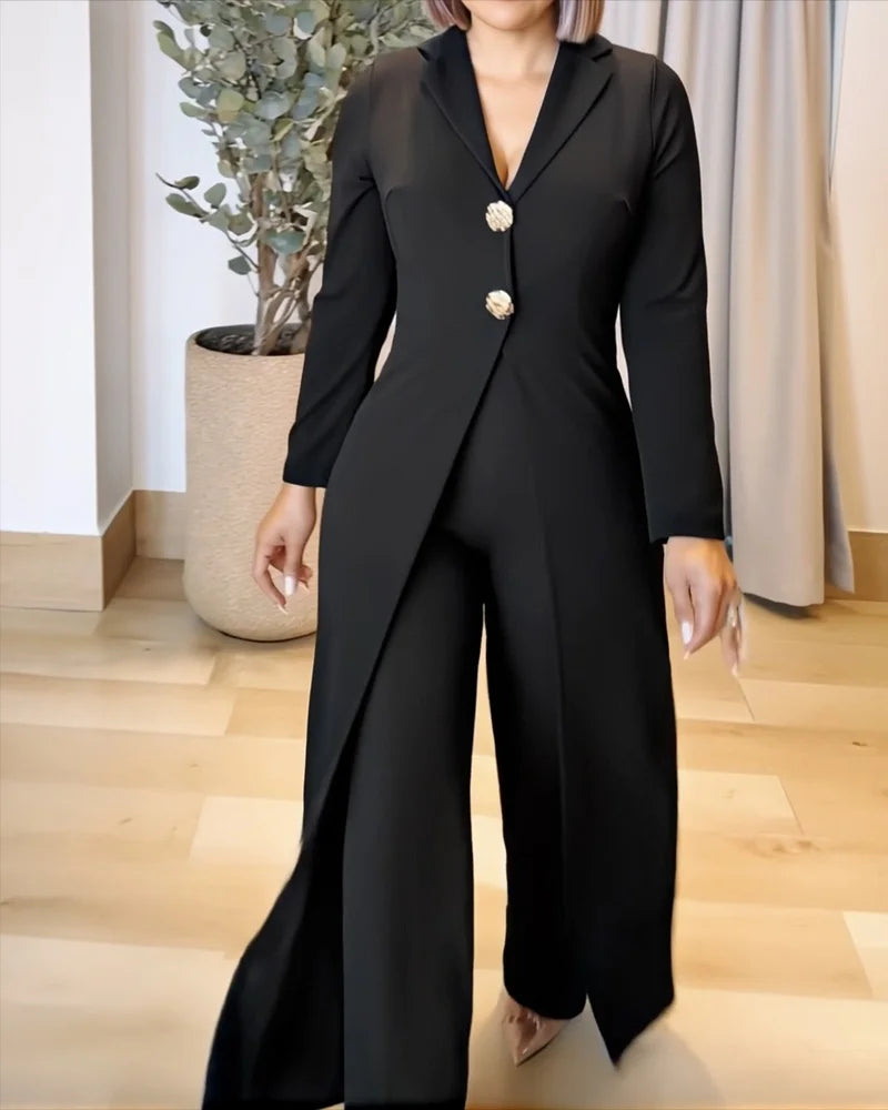 Casual Long Sleeve Jumpsuit Notched Collar Button Front Cinched Waist Wide Leg Faux Two-Piece Design