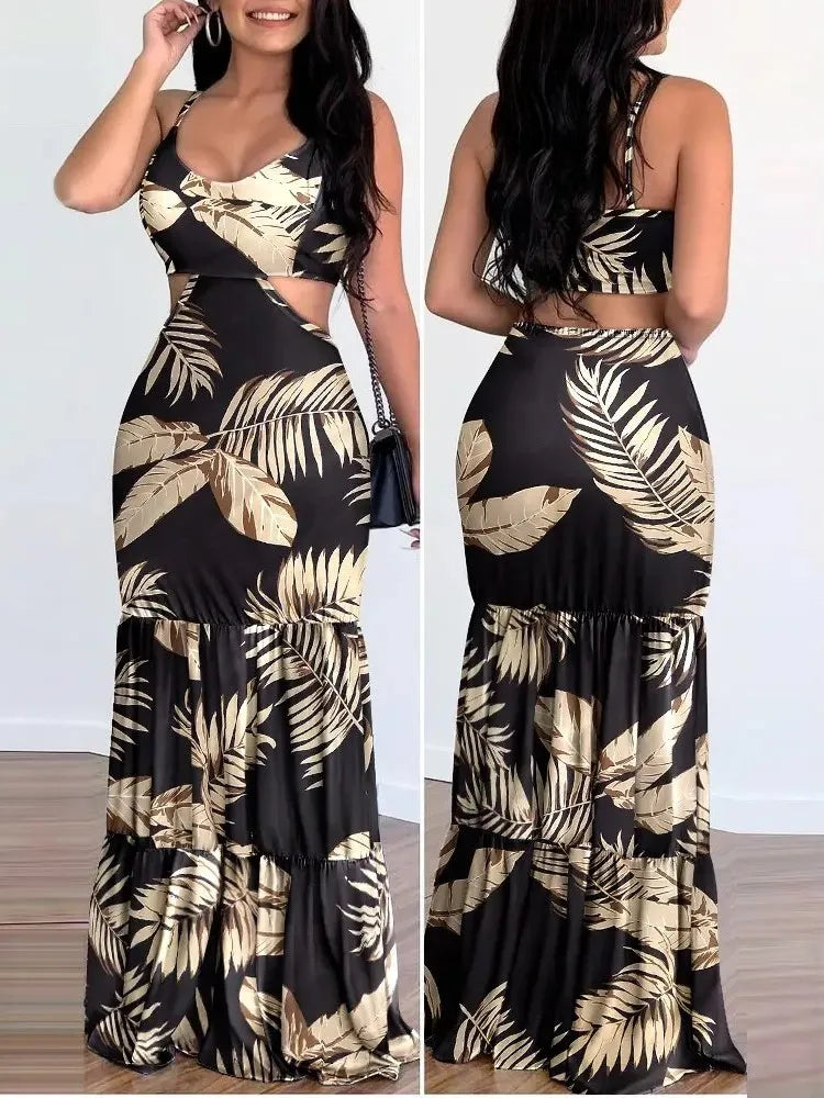 Casual Women's V-neck Pencil Sleeveless Bodycon Long Dress Summer Fashion Floral Spaghetti Strap Back Hollow Out Slim Maxi Dress - JN Fashion Fusion