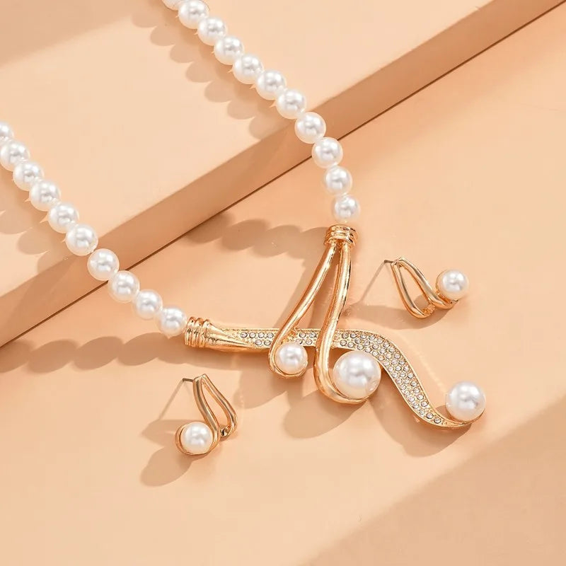 Fashion Geometric Pearl Earring Two Piece Necklace for Women Exquisite Birthday Party Jewelry Gifts - JN Fashion Fusion