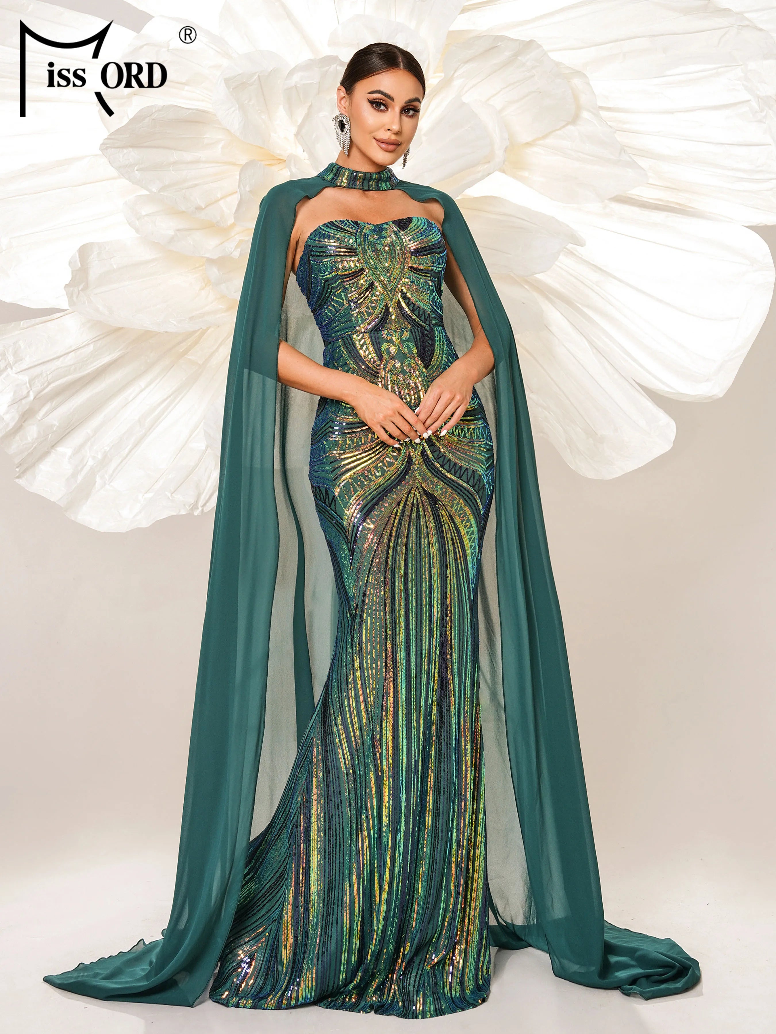 Missord Green Elegant Shawl Floor Length Dress Sequin Mermaid Evening Formal Occasion Wedding Birthday Party Cocktail Dress