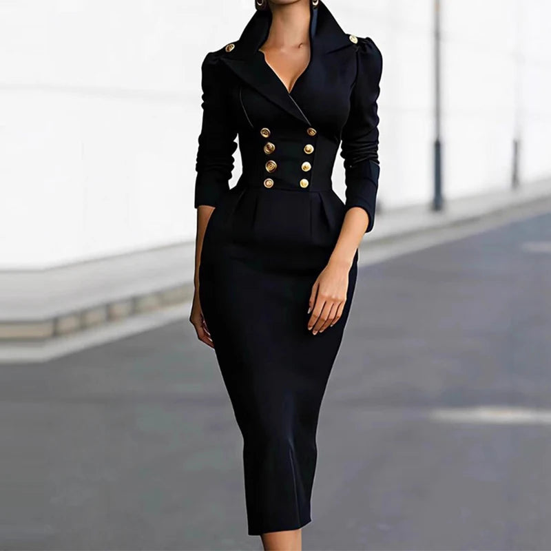 Elegant women's long dress with lapel V-neck, long sleeves, draped wrap design, solid color, from JN Fashion Fusion.