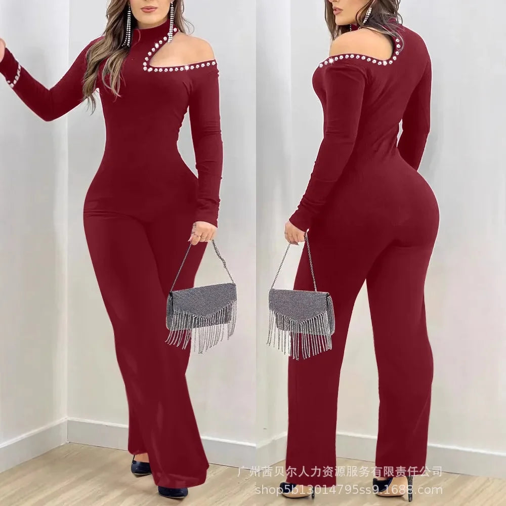 Women New Rhinestone Cold Shoulder High Neck Jumpsuit Long Sleeve Slim Fit Flared Jumpsuit - JN Fashion Fusion