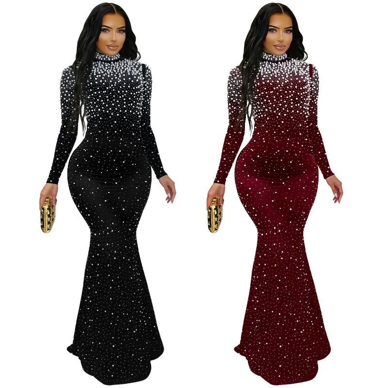 Elegant women's long dress by JN Fashion Fusion featuring beaded drilling, mock neck, full sleeves, and A-line design for parties.