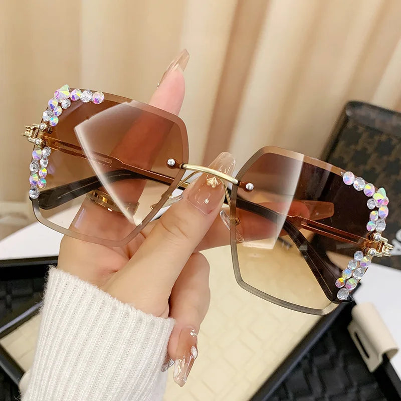 1 pair of fashionable women's square frameless gradient lens glasses with crystal decoration and metal material - JN Fashion Fusion