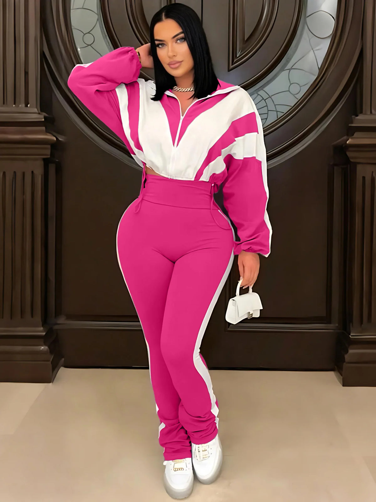 Active Patchwork women's zipper sweatshirt and long pants set by JN Fashion Fusion, fall 2026 two-piece tracksuit outfit.