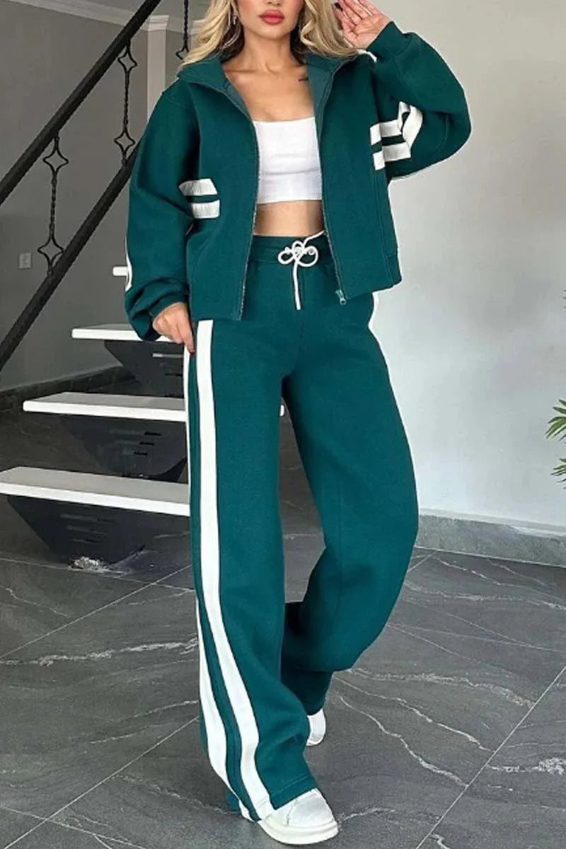 Ladies stripe tracksuit set by JN Fashion Fusion featuring a zip-up crop jacket and high-waist wide-leg sweatpants for streetwear style.