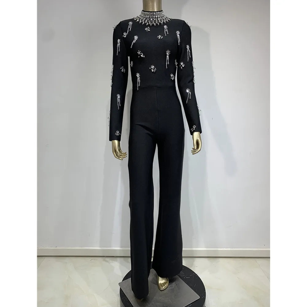 Women Winter Autumn Knitted Bandage Jumpsuits Dress High Street Long Sleeve Turtleneck Crystal Embroidery Evening Party Rompers
