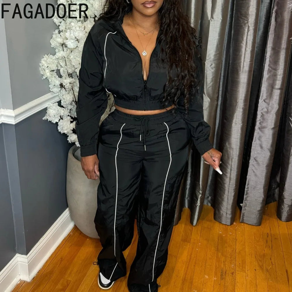 FAGADOER Casual Sports 2 Pieces Set for Woman Outfits Long Sleeve Stripe Patchwork Crop Jacket and Pants Female Streetwear New