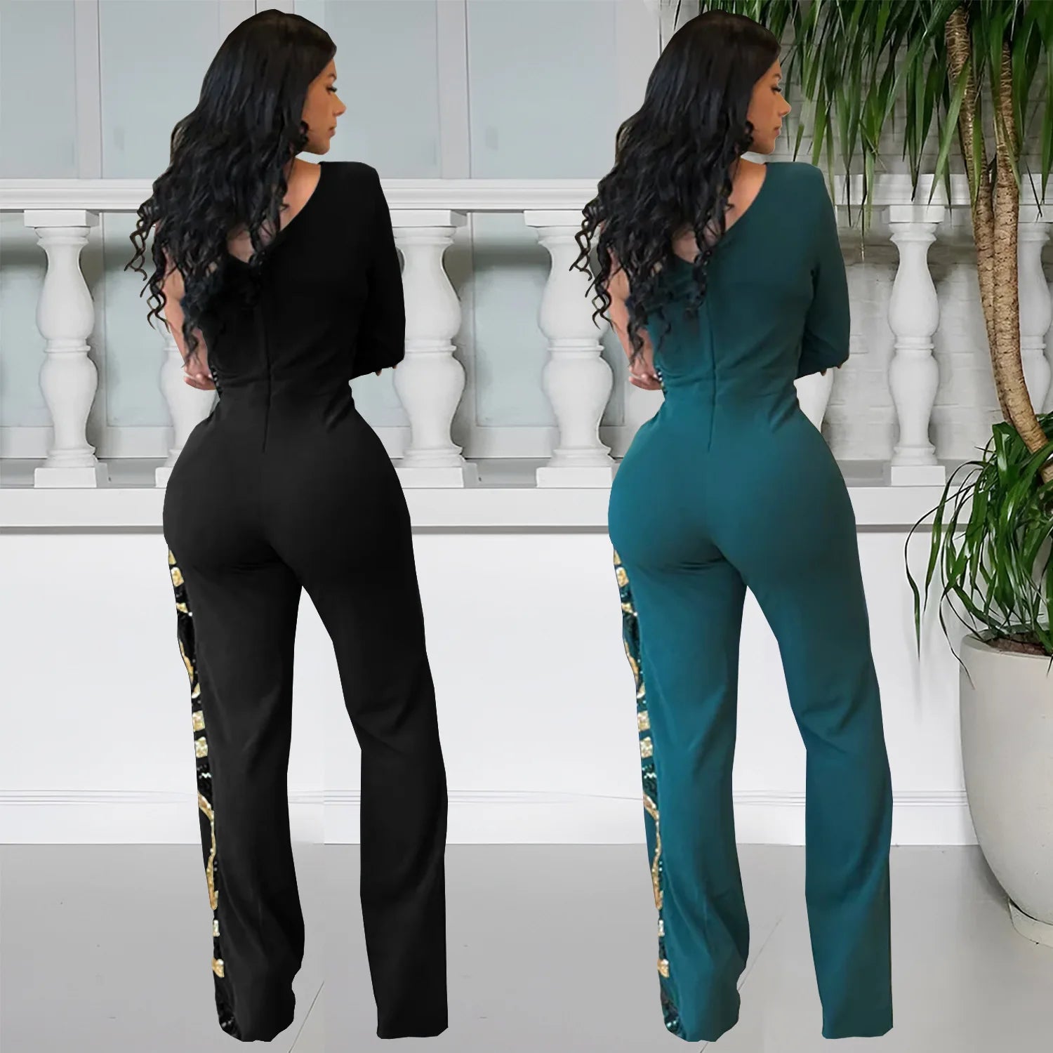 Women One Long Sleeve Strapless Sequined Wide Leg Jumpsuits 2025 Summer Evening Party One Piece Set Romper Playsuit - JN Fashion Fusion