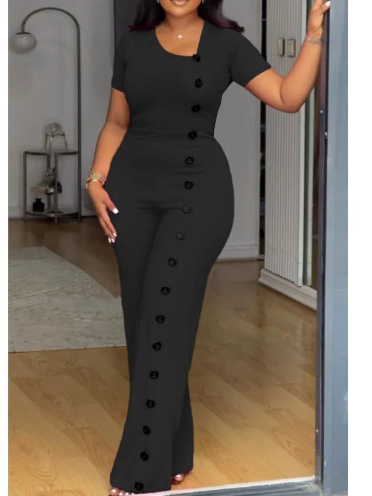 Women's Elegant Long Jumpsuits Summer Short Sleeve Buttons Solid Color Wide Leg Pants Rompers Female One Pieces Party Overalls