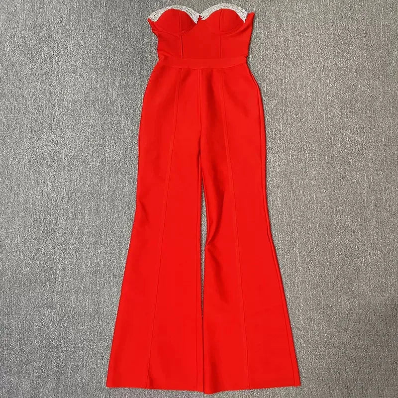 Fashion Celebrate Sequin Beads Women Sexy Strapless Bodycon Bandage Jumpsuit Runway Nightclub Party Luxury Birthday Outfits