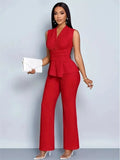 New Spring Summer Women's Trousers Two-piece Elegant Slim V-neck Sleeveless Irregular T-shirt Wide-leg Pants Office 2-piece Set - JN Fashion Fusion