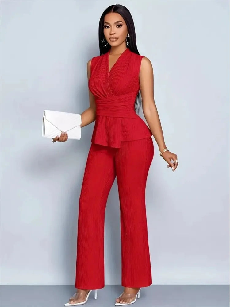 New Spring Summer Women's Trousers Two-piece Elegant Slim V-neck Sleeveless Irregular T-shirt Wide-leg Pants Office 2-piece Set - JN Fashion Fusion