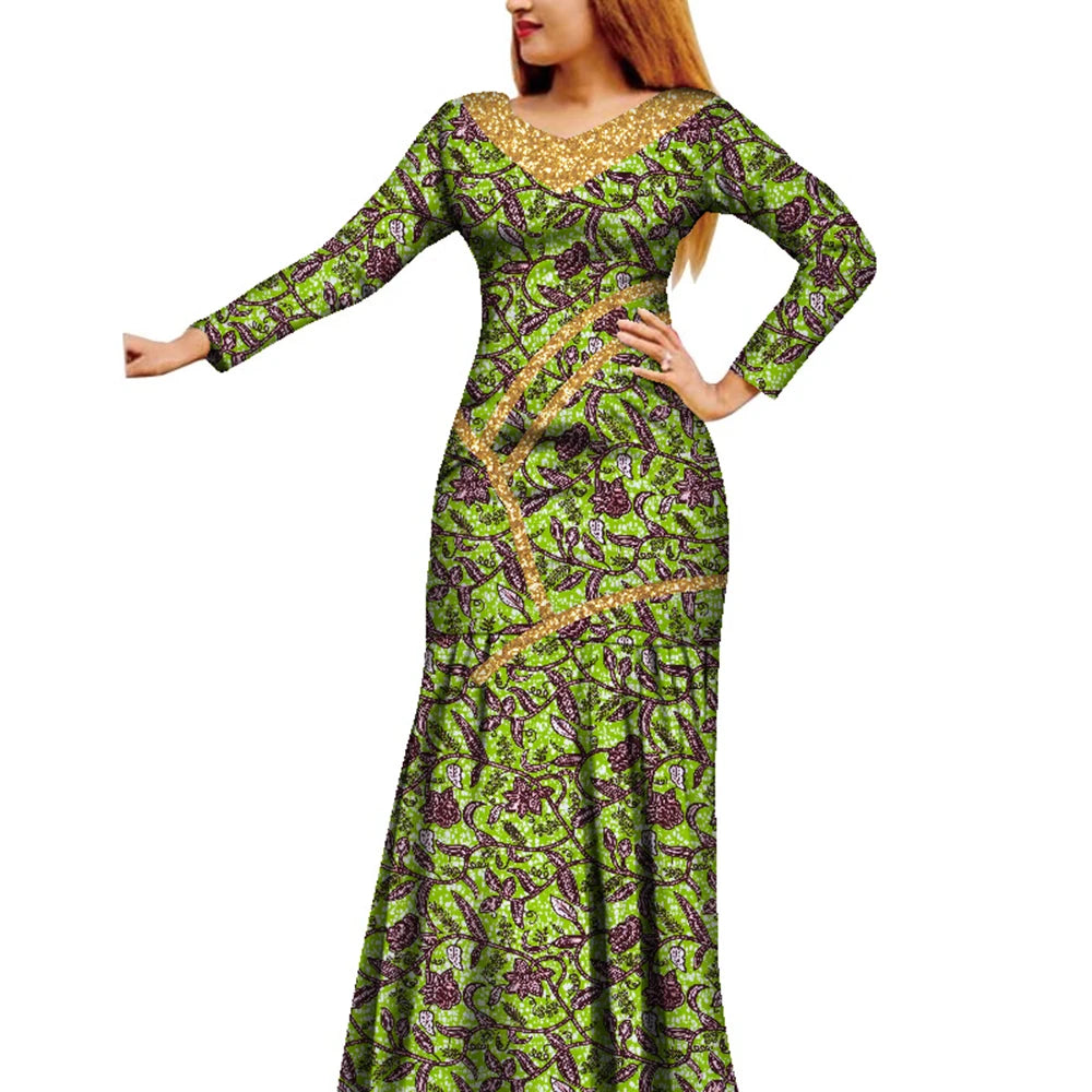 African Women Dress African Wax Print Dress Bazin Riche Long Sleeve Maxi Dress Lady African Clothes WY8679