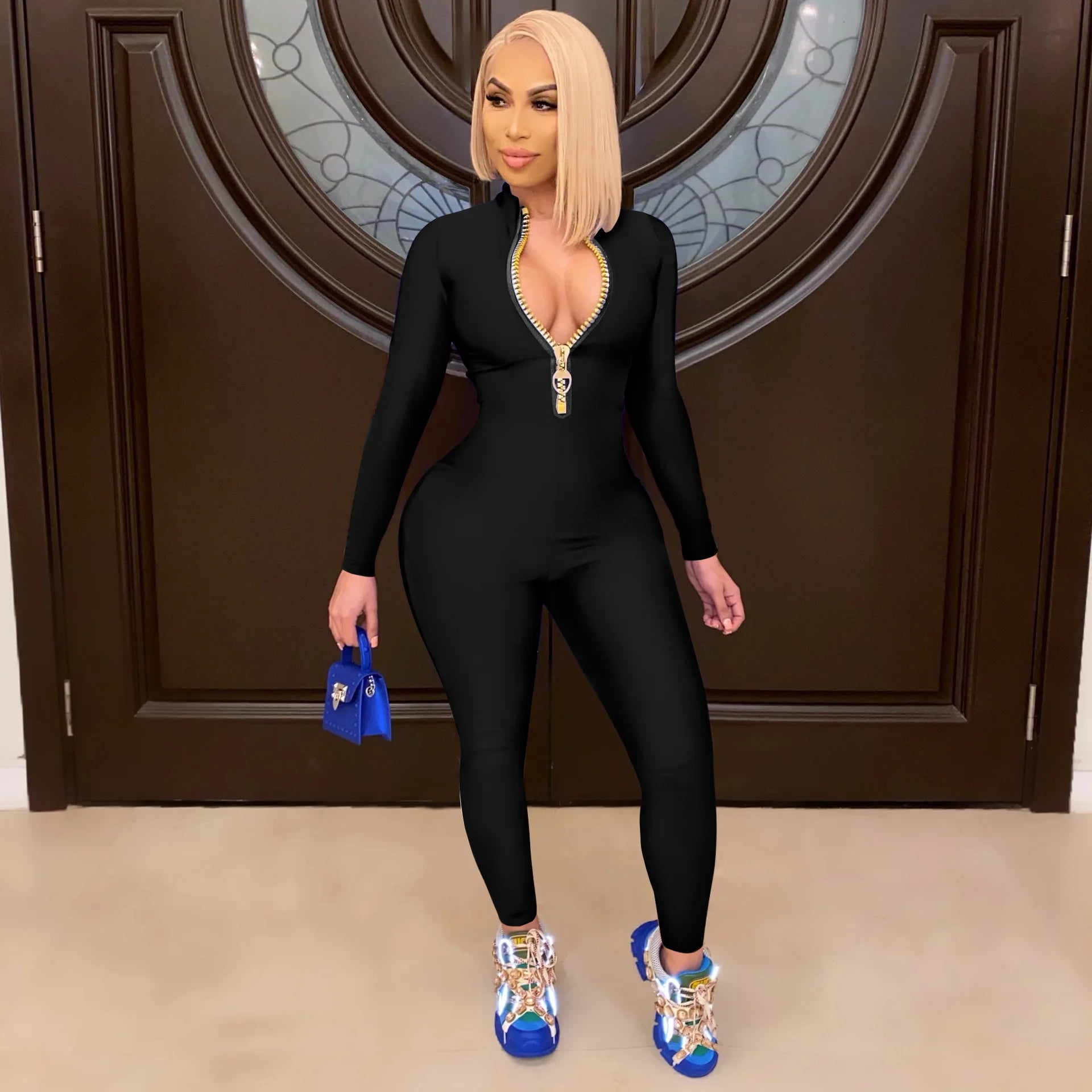 Women's Spring Summer New Collection Solid Color Fashion Solid Color Zipper Sexy V-neck Tight Long Sleeve Jumpsuit Pants