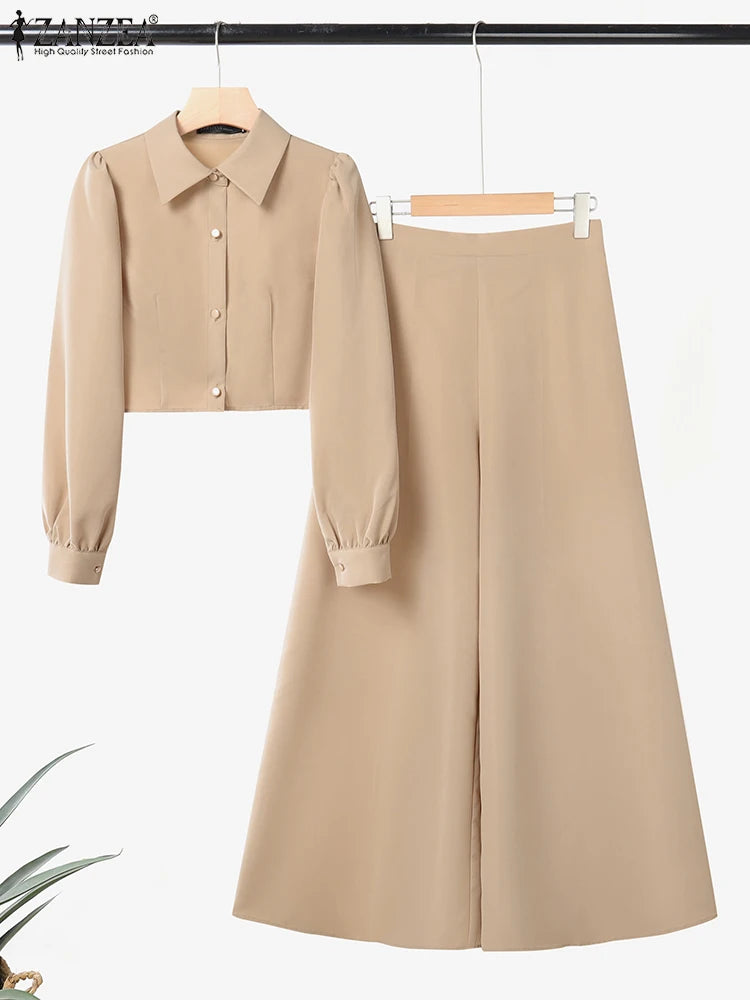 ZANZEA Women Stylish 2 Pieces Pant Sets Long Sleeve Collared Short Shirt & Wide Leg Pant 2pcs Suits Elegant Chic Sets Outfits - JN Fashion Fusion