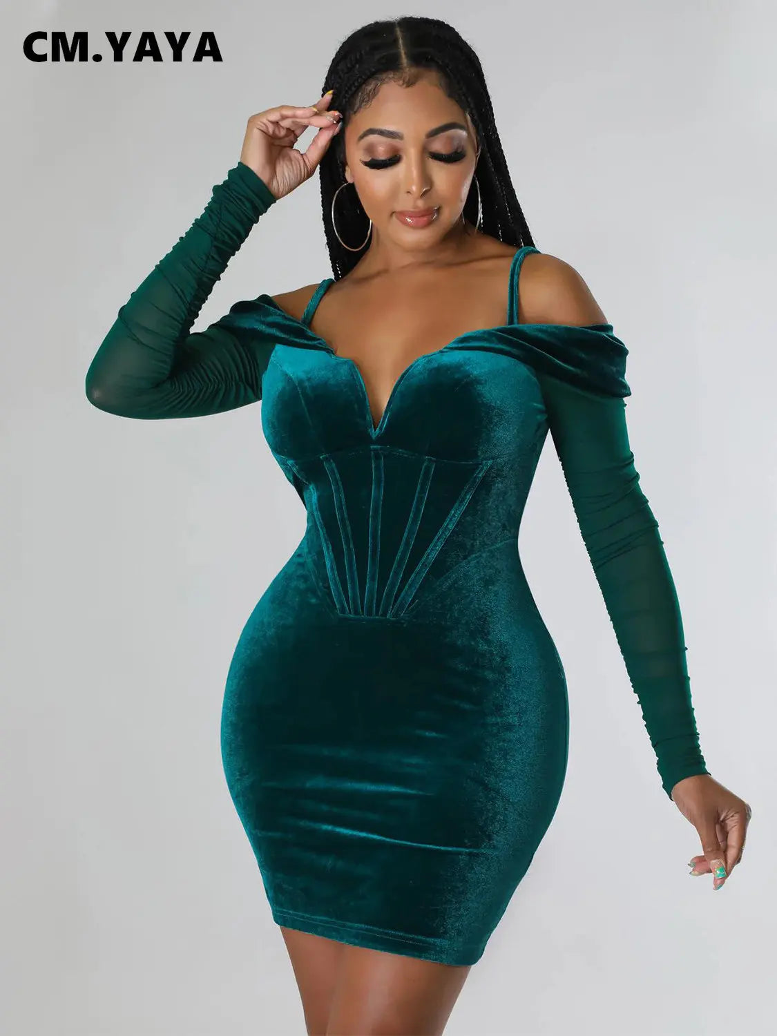 CM.YAYA Vintage Women Mesh Long Sleeve Patchwork Velvet Corset Spaghetti Strap Bodycon Midi Mini Dress 2022 Sexy Evening Dresses - JN Fashion Fusion