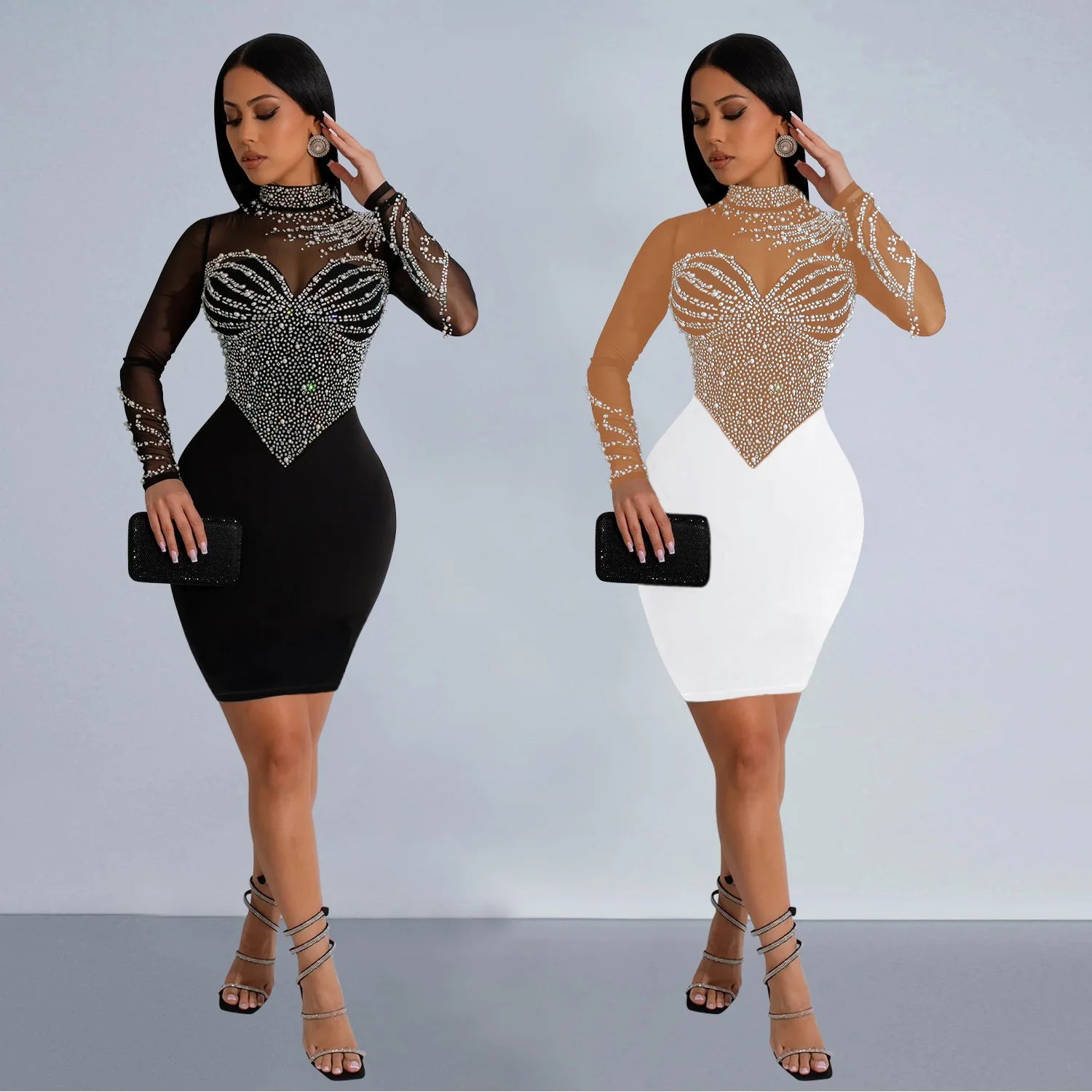 CM.YAYA Women Long Sleeve Mesh Diamonds Hot Rhinestones Mini Dress 2024 Summer Evenning Sexy Party Night Club Dresses Vestidos