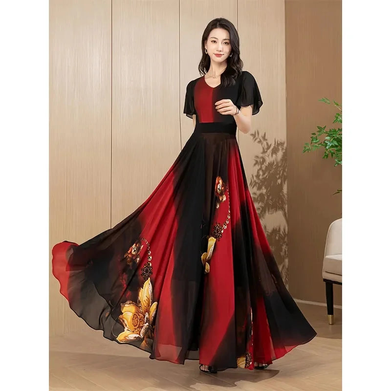 2026 New Chiffon Dress For Women Gentle Style Summer Covering The Belly Slimming Down Long Skirt Vp To The Ankle Big Swing Skirt
