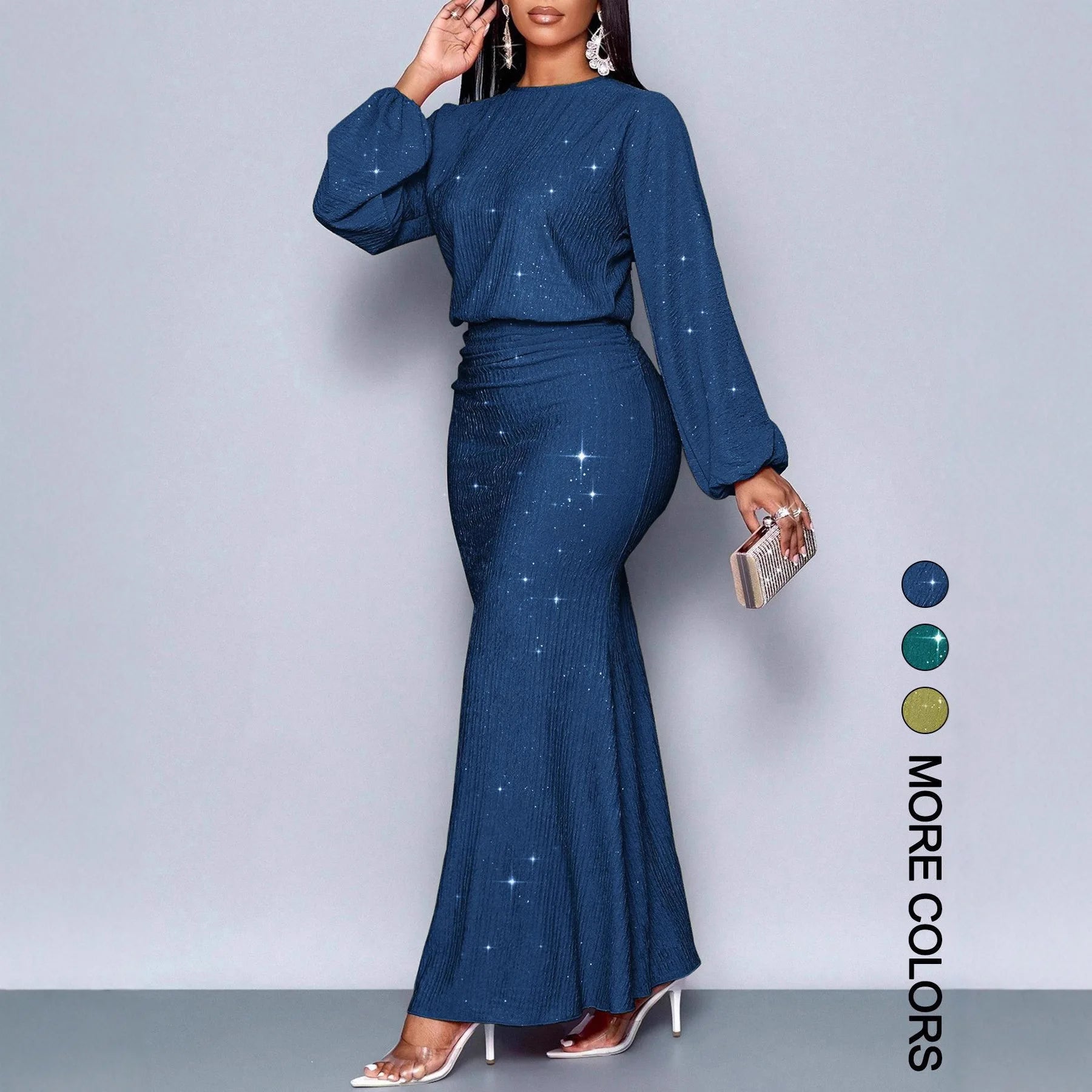 Fashion Shiny Women's Dress Spring Autumn O-neck  Long Sleeve Slim Hips Banquet Long Dress Female Pleated Party Fishtail Dresses - JN Fashion Fusion