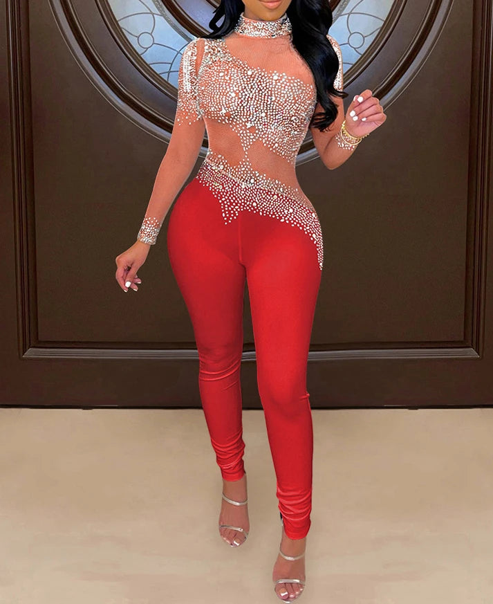 Sexy Club Jumpsuits for Women Rhinestone Decor Sheer Mesh Long Sleeved Party Birthday Outfits Nightclub Romper Overalls 2024
