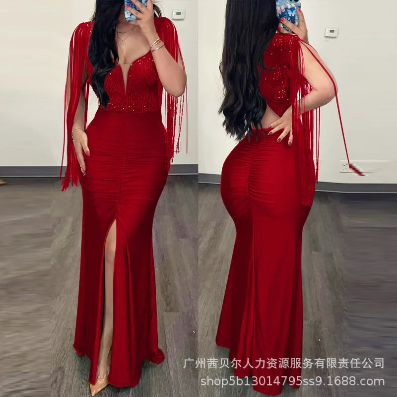 2026 Spring Summer New Women's Clothing Solid Color V-neck Waist Slit Pleated Dress