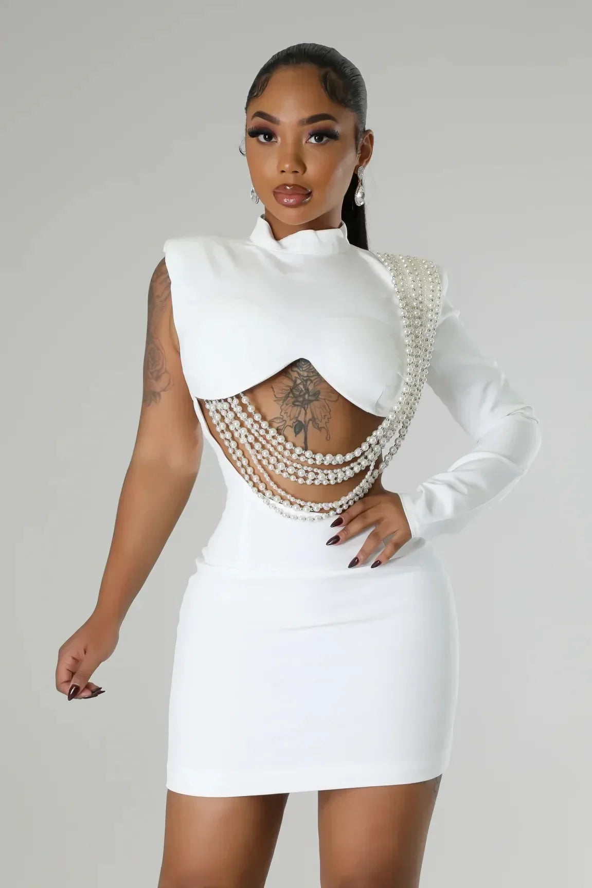 Women Full Sleeve Elegant O-neck Mini Dress 2025 Summer Pearl String Sexy Street Night Club Party Vestidos Dresses - JN Fashion Fusion