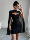 Sexy Women's Stand Collar Cape Mini Dress Sequins Sparkling Club Party Night Out Fitted Bodycon Elegant Autumn Winter - JN Fashion Fusion