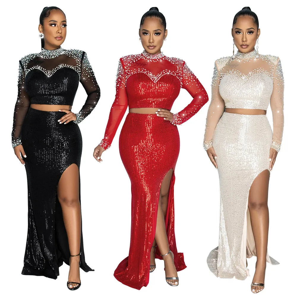 African Clothes for Women 2 Piece Sequin African Long Sleeve O-neck Party Evening Top Long Skirts Matching Sets Dashiki Outfits - JN Fashion Fusion