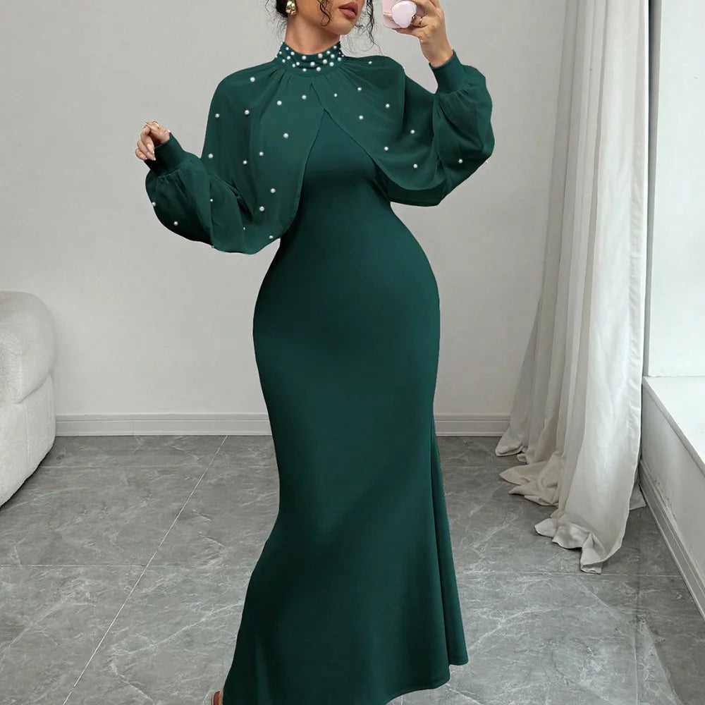 Women Dresses 2026 Spring Autumn New Solid Color Beading Decor Lace Splicing High Neck Long Sleeve Slim Hip Wrapping Long Dress - JN Fashion Fusion